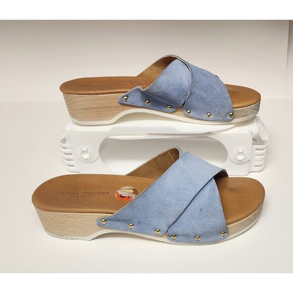 Donna Toscana Women's Baby Blue Suede Wooden Clogs Sandal Casual Shoes Size 9.5 - Picture 1 of 11